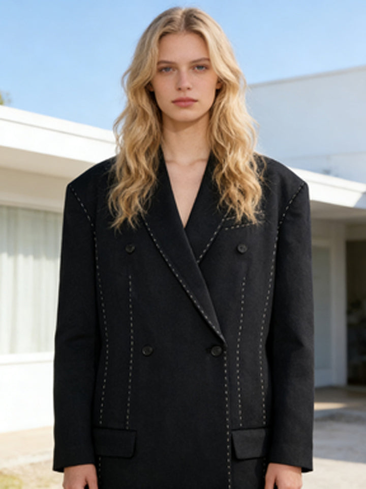 Women's Double-Breasted Oversized Blazer Coat with Distinctive Shoulder Area & Decorative Stitching Amarae