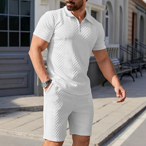 Trendy short polo shirt for men with imbued structure design and matching shorts Amarae