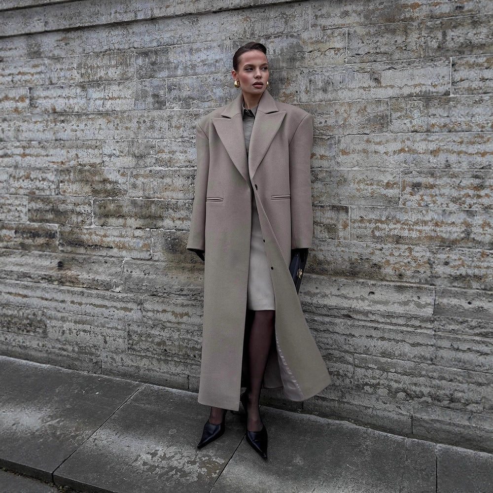 Women Maxilength Clean-Cut Wool Blend Coat with Oversized Lapels and Straight Silhouette Amarae