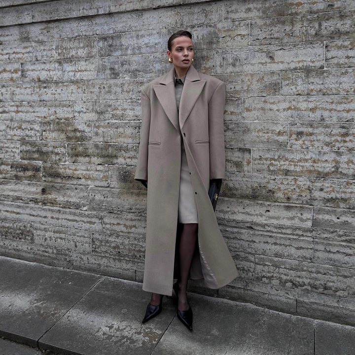 Women Maxilength Clean-Cut Wool Blend Coat with Oversized Lapels and Straight Silhouette Amarae
