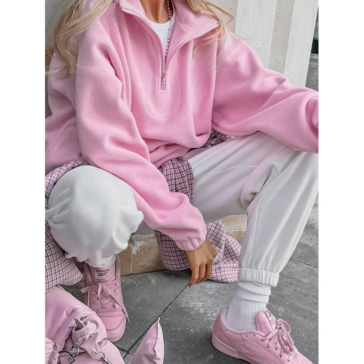 Women’s Oversized Fleece Pullover with Half Zipper and Stand-Up Collar Amarae