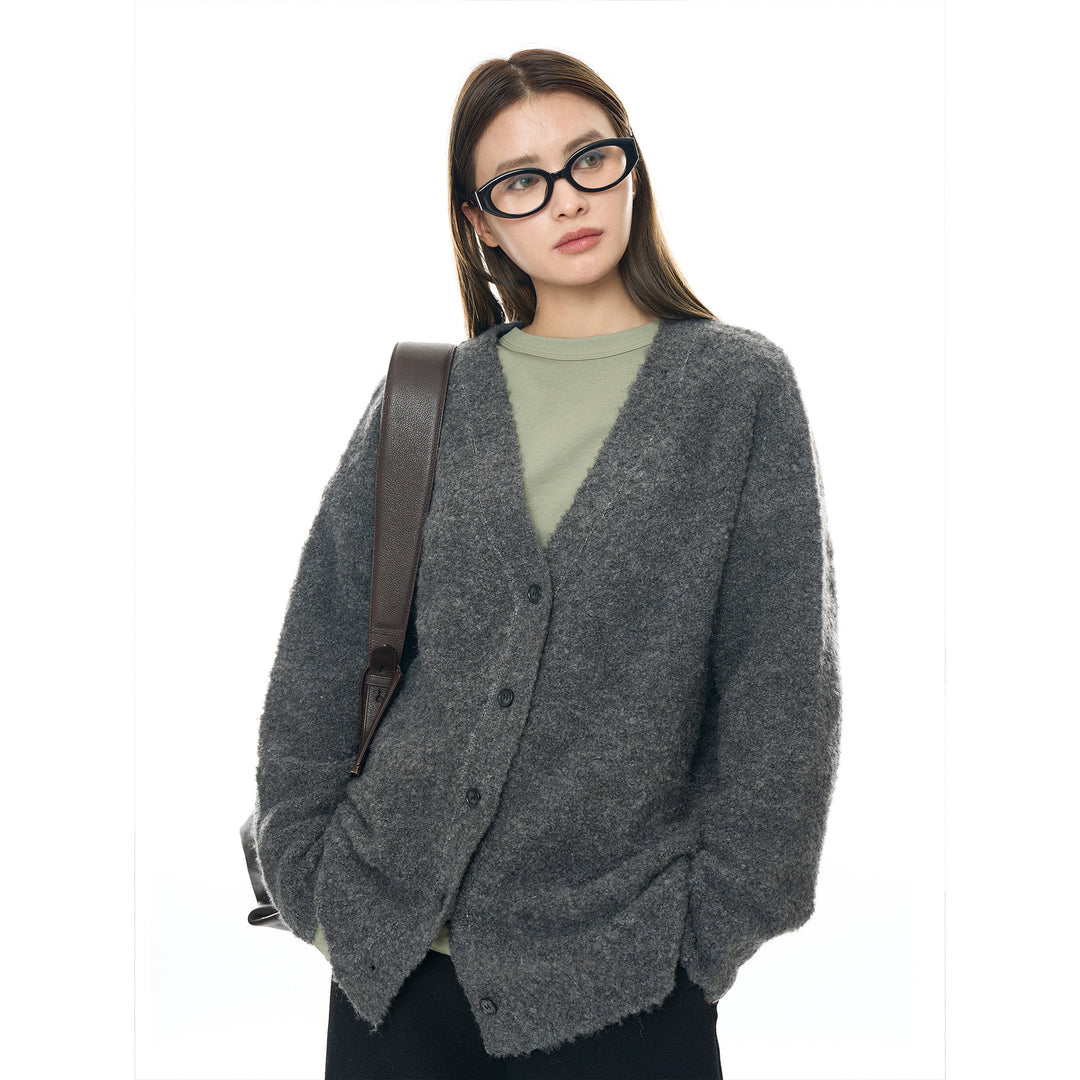 Ladies Boxy Cardigan made of fluffy bouclé wool blend with deep V and button placket Amarae