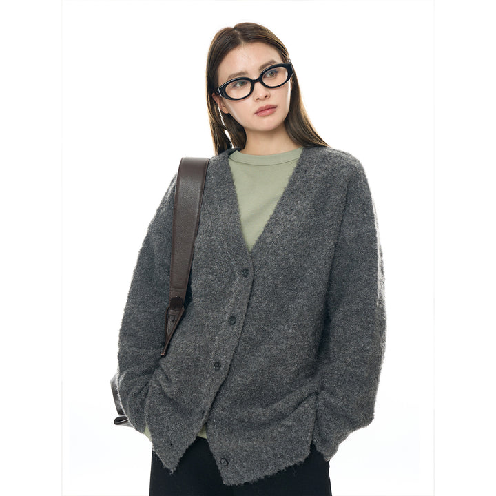 Ladies Boxy Cardigan made of fluffy bouclé wool blend with deep V and button placket Amarae