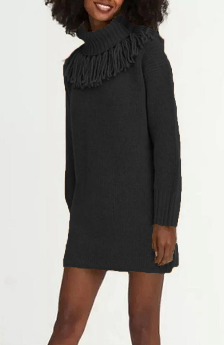 Knit dress for women with fringed collar and ribbed sleeves Lune London