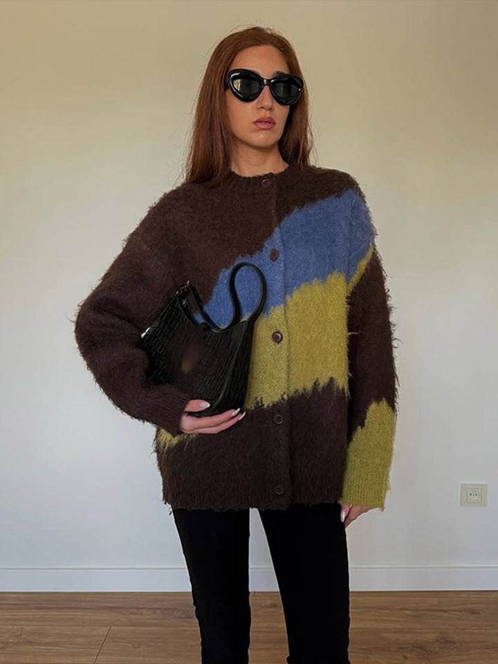 Women's Oversize Mohair-Blend Cardigan with Abstract Color Block and Button Placket Amarae