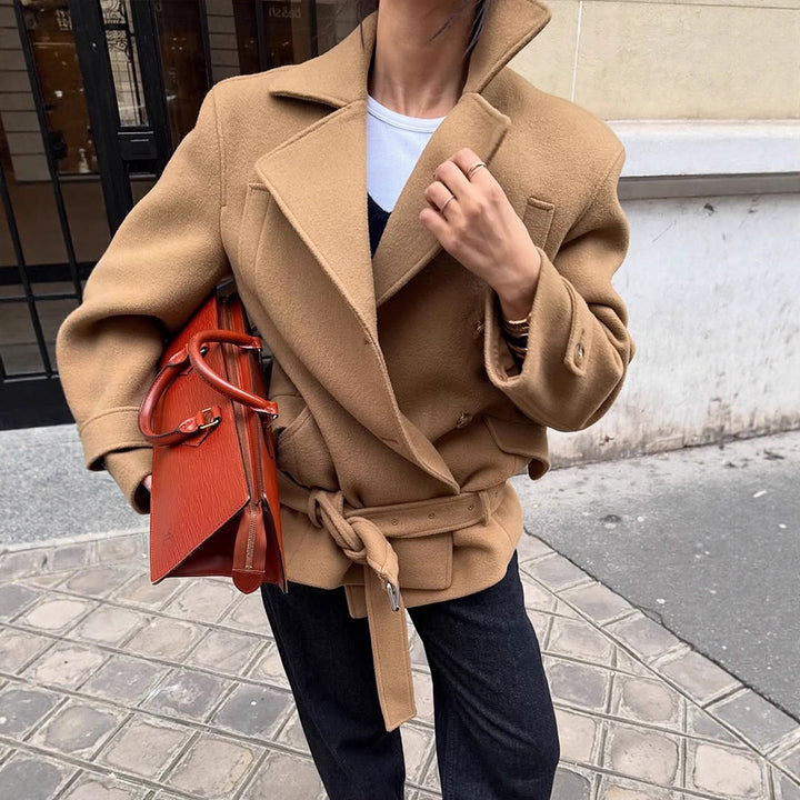 Women Tailored Wool Blend Short Coat with Tie Belt, Wide Lapels and Button Cuffs Amarae