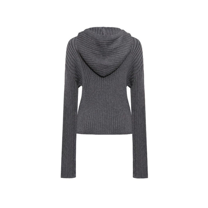 Women's ribbed hooded cardigan with zipper, decorative button placket and patch pockets Amarae