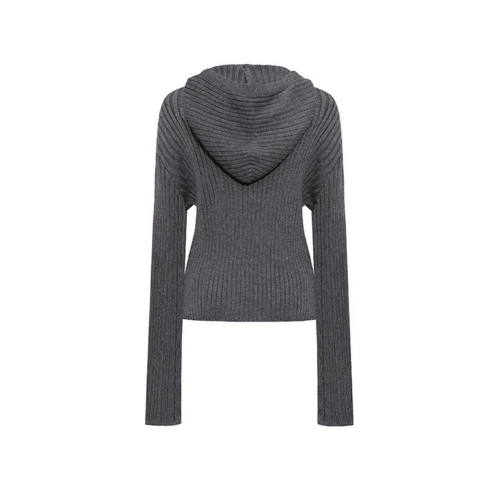 Women's ribbed hooded cardigan with zipper, decorative button placket and patch pockets Amarae