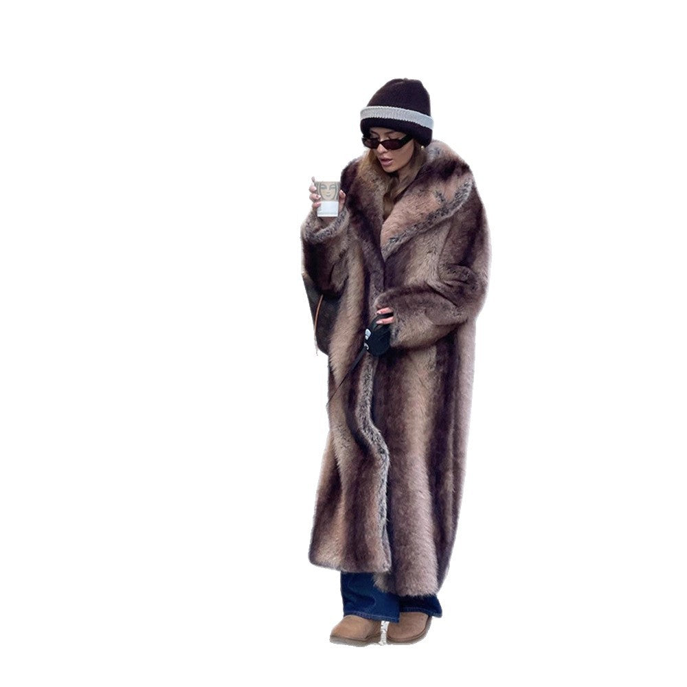 Ladies Maxilength Oversize Faux Fur Coat with Vintage Cut and Wide Lapel Collar Amarae