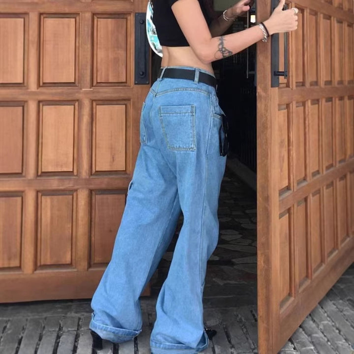 Women Extra Wide Baggy Jeans with Cargo Patches and Low Waist Amarae