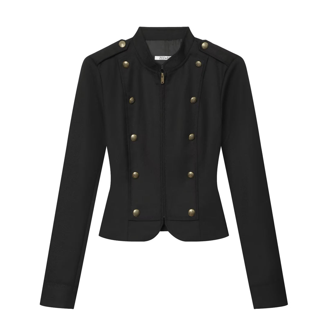 Women's Tailored Short Jacket in Military Style with Stand-Up Collar and Decorative Buttons Amarae