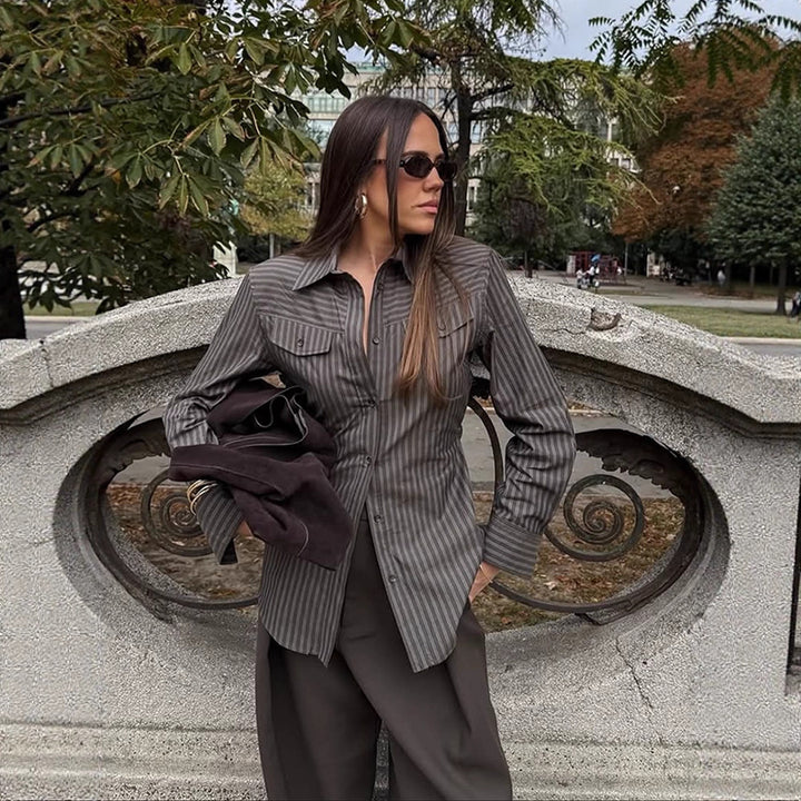 Women's Tailored Striped Shirt Blouse with Breast Pockets and Extended Hem Amarae
