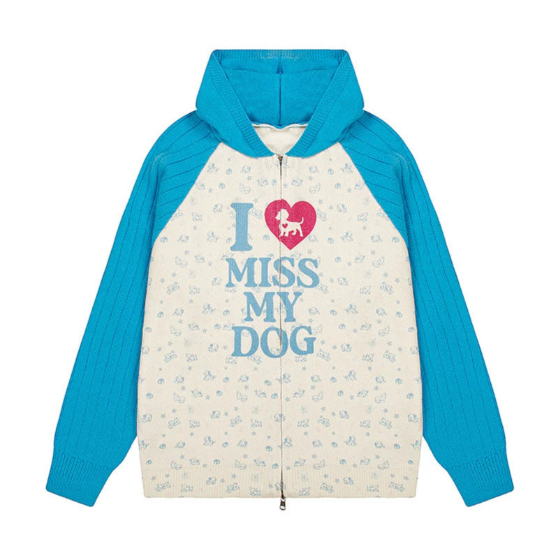 Women's hoodie cardigan with full zip, ribbed sleeves, and dog statement print Amarae