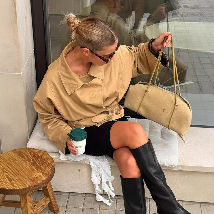 Women's Short Tailored Canvas Jacket with Tied Belt and Dropped Shoulders Amarae