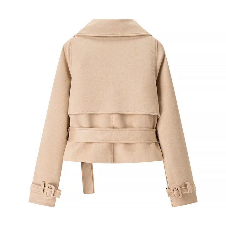 Trendy cropped jacket for women with a wide lapel and a fitted belt Lune London