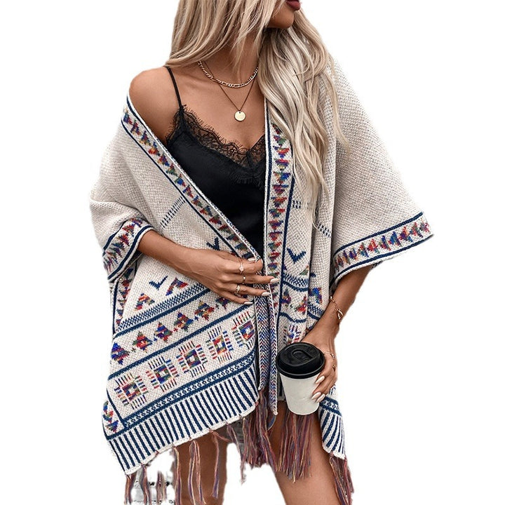 Women elegant poncho with colorful ethnic pattern Lune London