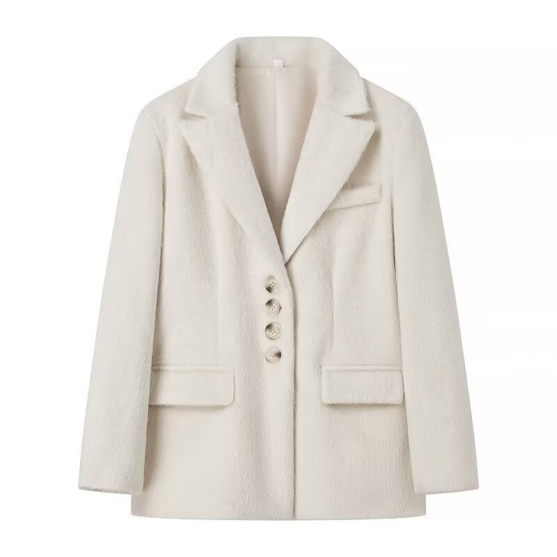 Elegant blazer for women with soft fur and decorative button details Lune London