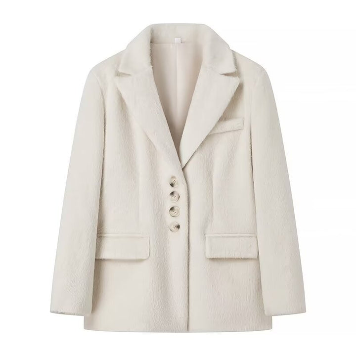 Elegant blazer for women with soft fur and decorative button details Lune London