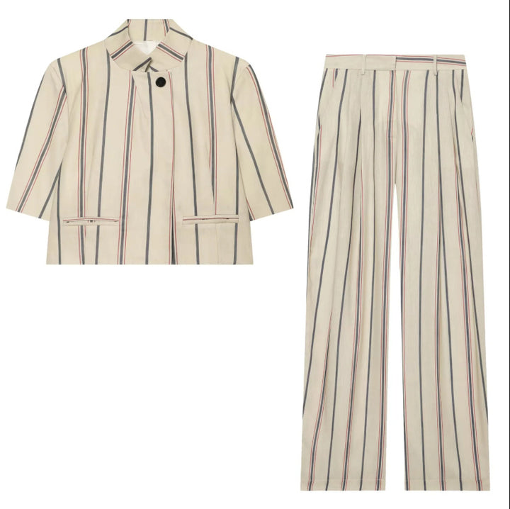 Women's loose linen trousers with pleats, high waistband and vertical stripes Amarae