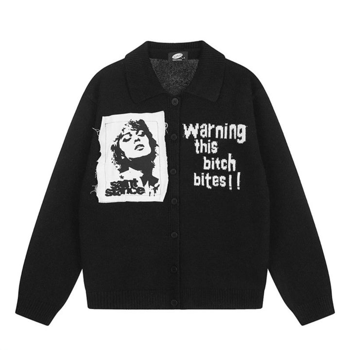 Women's knitted cardigan with shirt collar, button placket, and statement patch Amarae