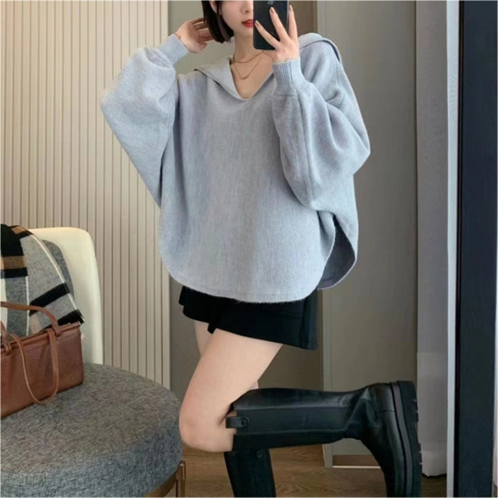 Sweatshirt en tricot surdimensionné pour femmes avec col V décontracté et capuche Chic & Stil