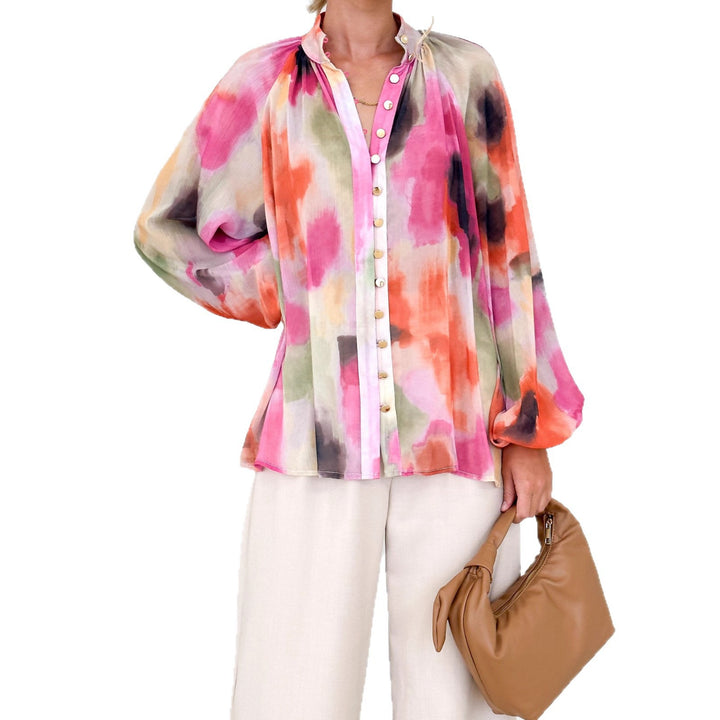 Ladies Transparent Blouse with Balloon Sleeves and Floral Print Lune London