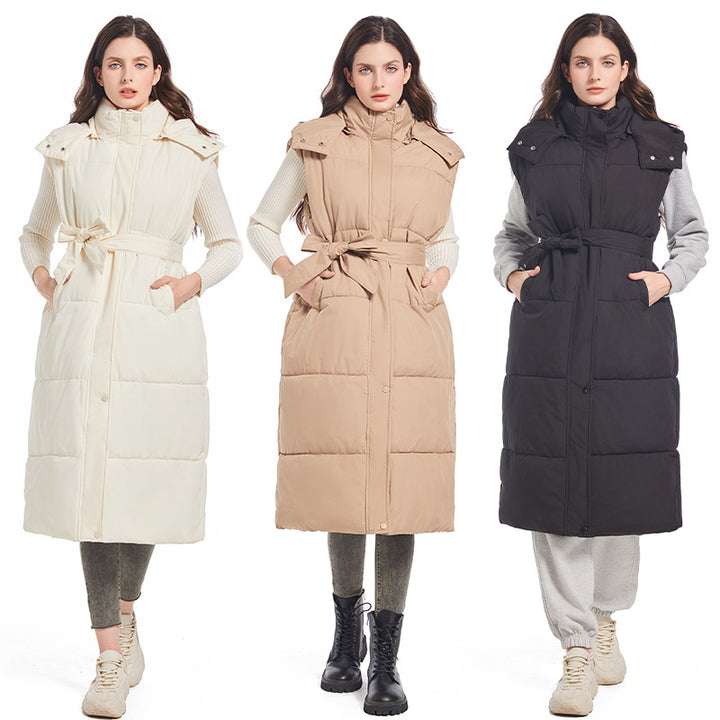 Women Long quilted cardigan with belt and hood Lune London