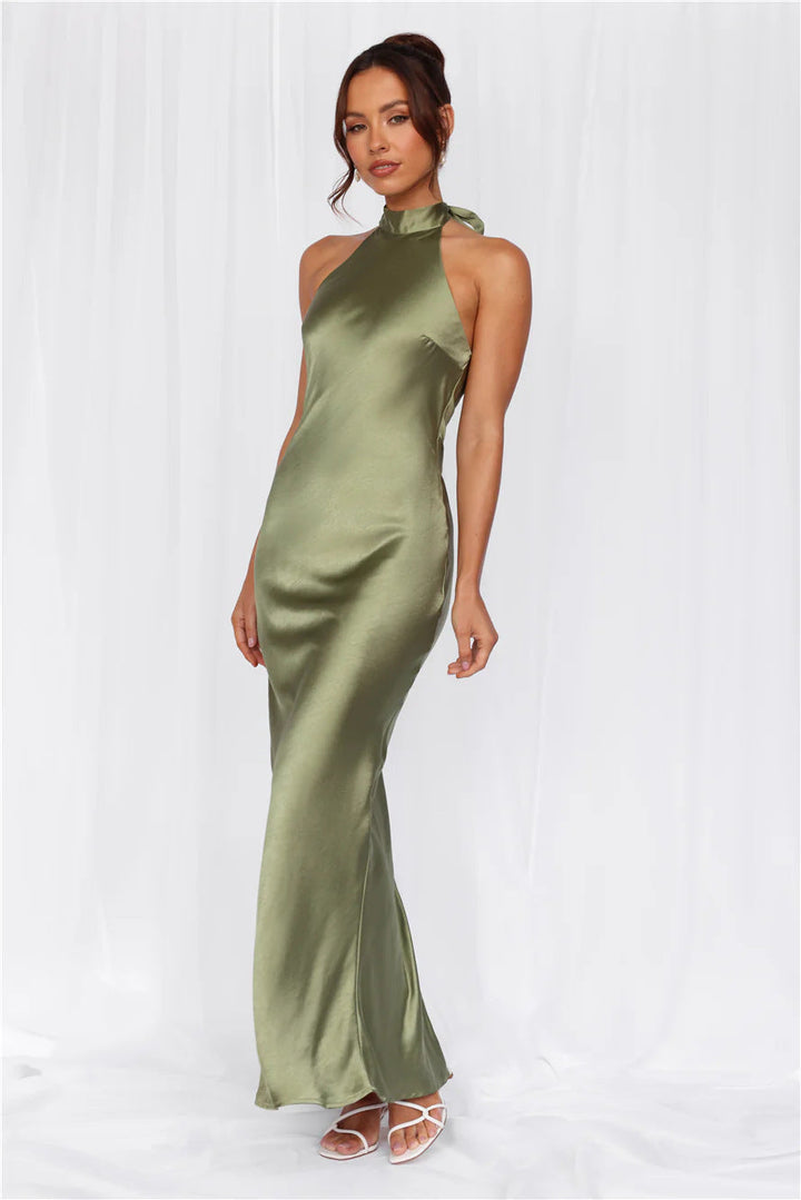 Ladies Elegant Maxi Dress with High Neck Design and Shimmering Satin Finish Lune London