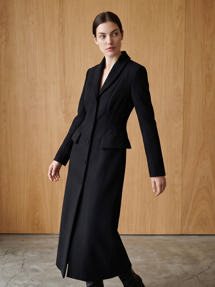 Women Tailored Long Coat with Shawl Collar and Shaping Dart Amarae