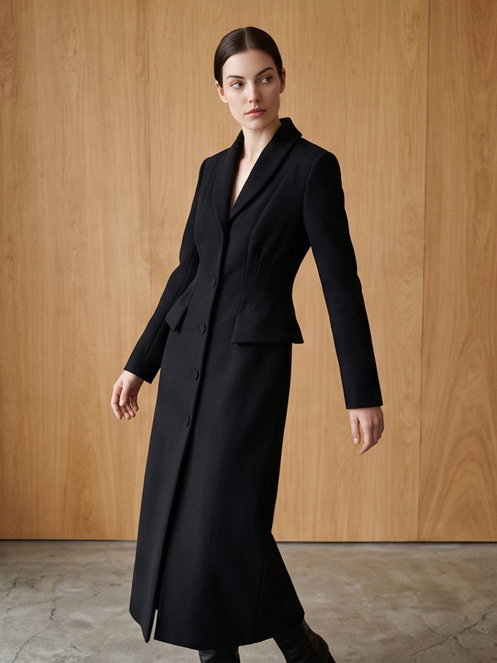 Women Tailored Long Coat with Shawl Collar and Shaping Dart Amarae