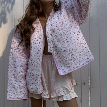 Women's Padded Short Quilted Jacket with Floral Micro Print, Contrast Piping & Boxy Silhouette Amarae