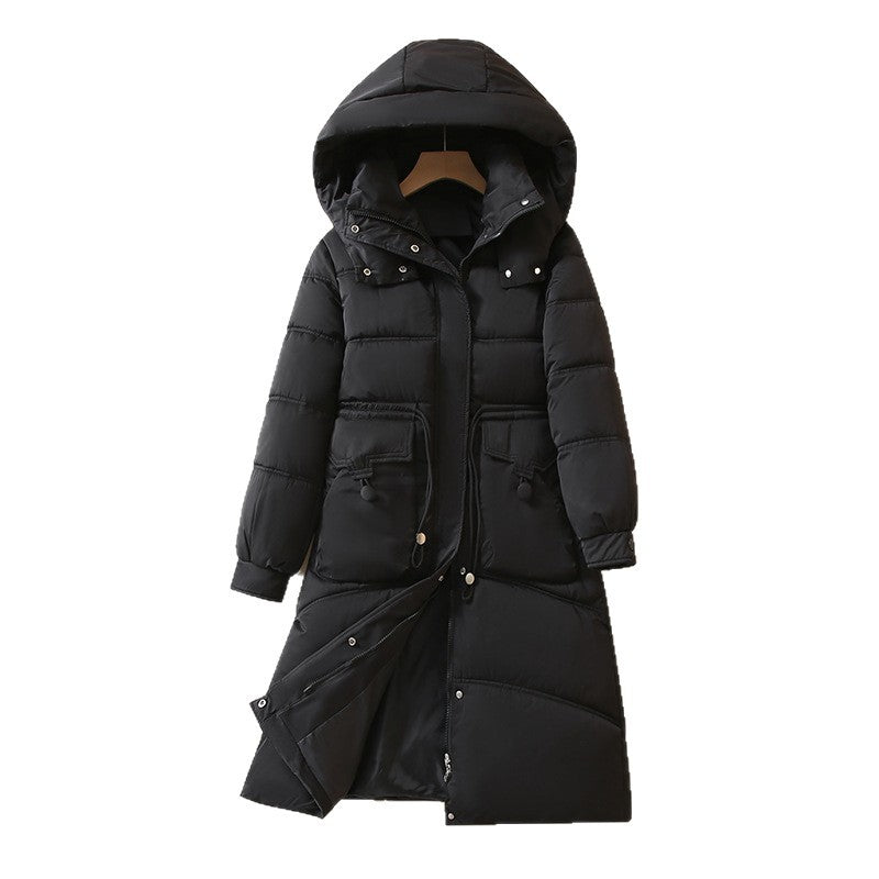 Ladies Long, warm down jacket with practical pockets and hood Lune London