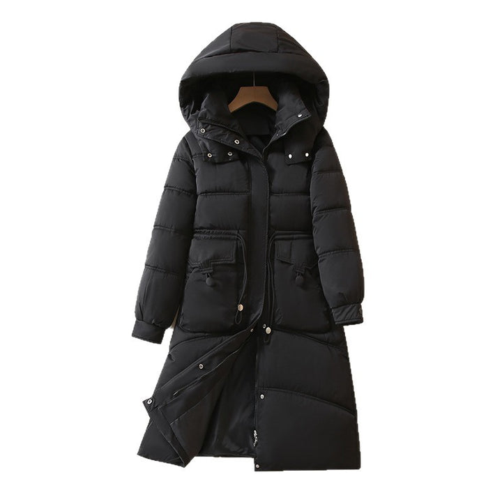 Ladies Long, warm down jacket with practical pockets and hood Lune London