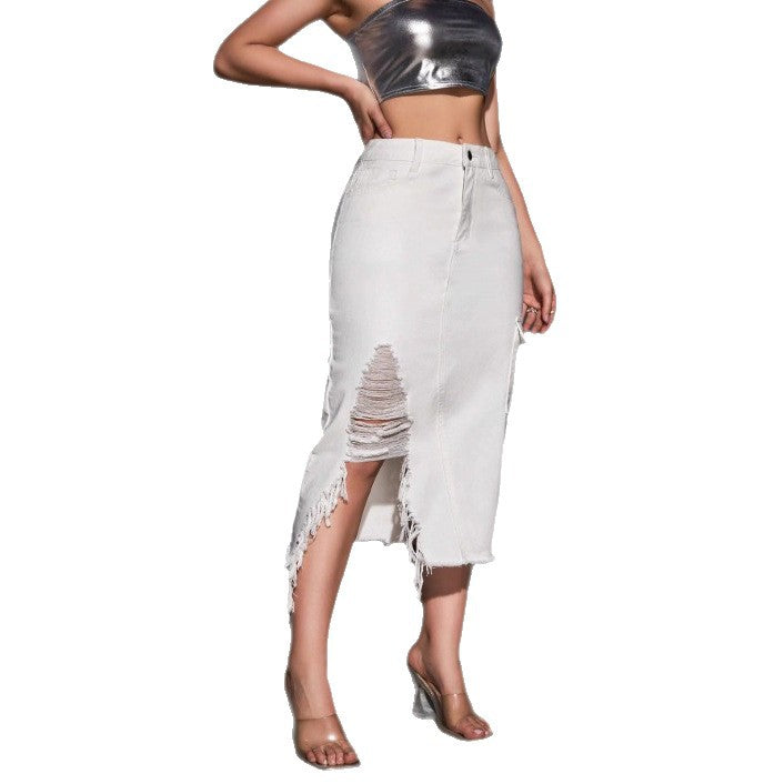 Women's midi skirt made of denim with side cargo pocket, high waist and destroyed slit Amarae