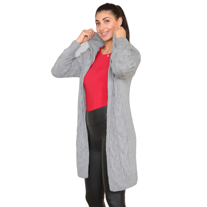 Long knitted coat for women with an elegant cable pattern and hood Lune London