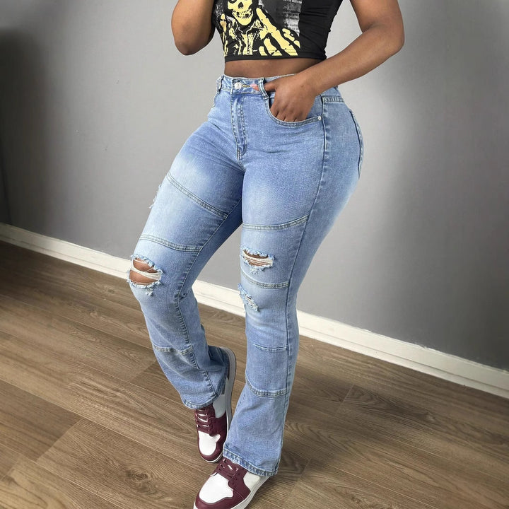 Women High-Waisted Distressed Flared Jeans with Panel Seams Amarae