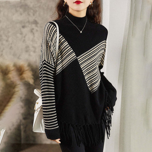 Pull surdimensionné pour femmes avec motif rayé graphique et franges Chic & Stil