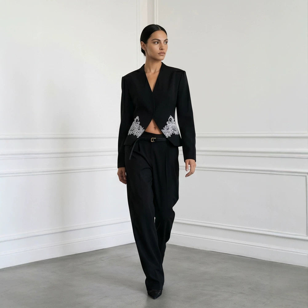 Women's Sculpted Cropped Blazer with Lace Trim and Tailored Silhouette Amarae