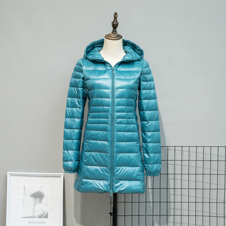 Women's Lightly Quilted Long Jacket with Hood and Slim Silhouette Amarae