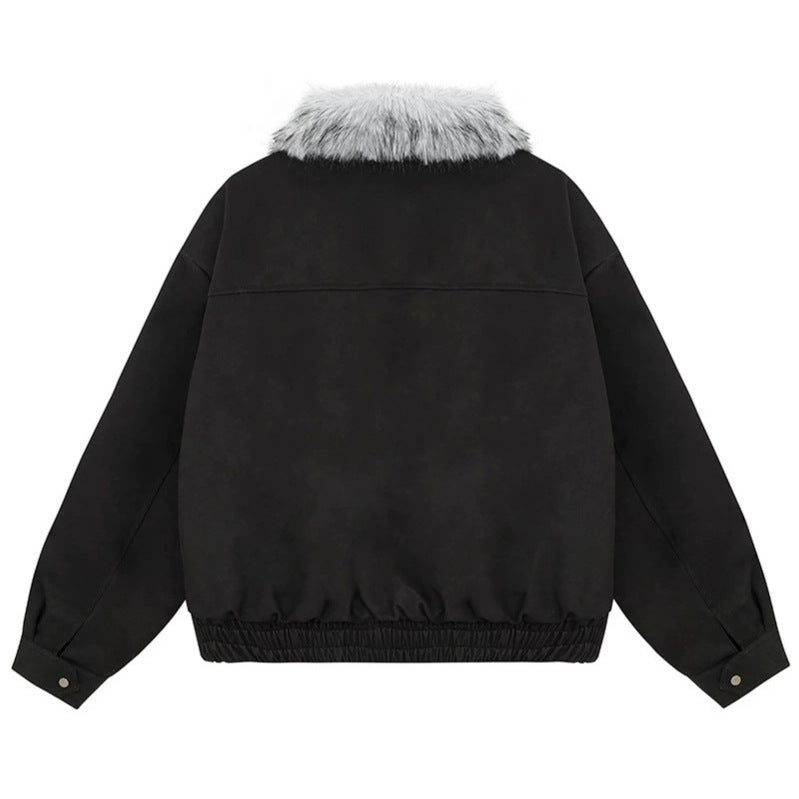 Women's Cropped Bomber Jacket with Faux Fur Collar, Zipper and Elastic Hem Amarae