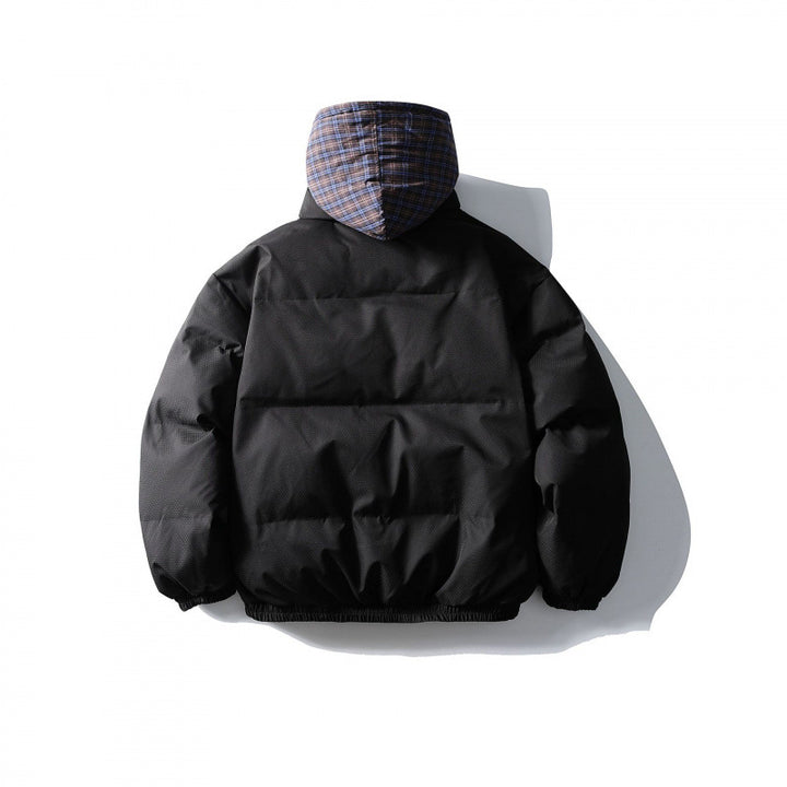 Unisex Padded Puffer Jacket in Boxy Cut with Checkered Insert Hood and High Stand-Up Collar Amarae