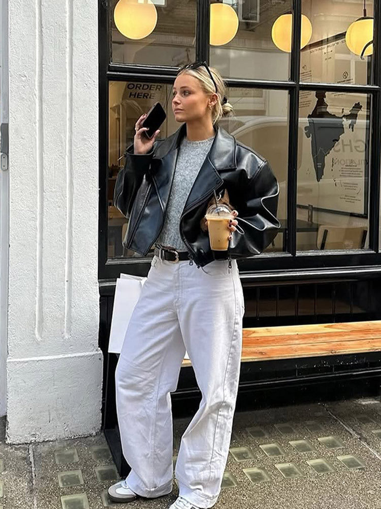 Women's Cropped Boxy Biker Jacket made of Faux Leather with Distinctive Shoulder Area and Boxy Silhouette Amarae
