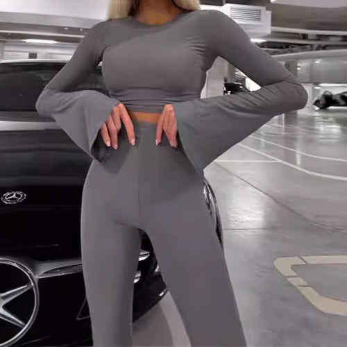 Amarae sporty long sleeve cropped top set for ladies and flattering leggings for the silhouette