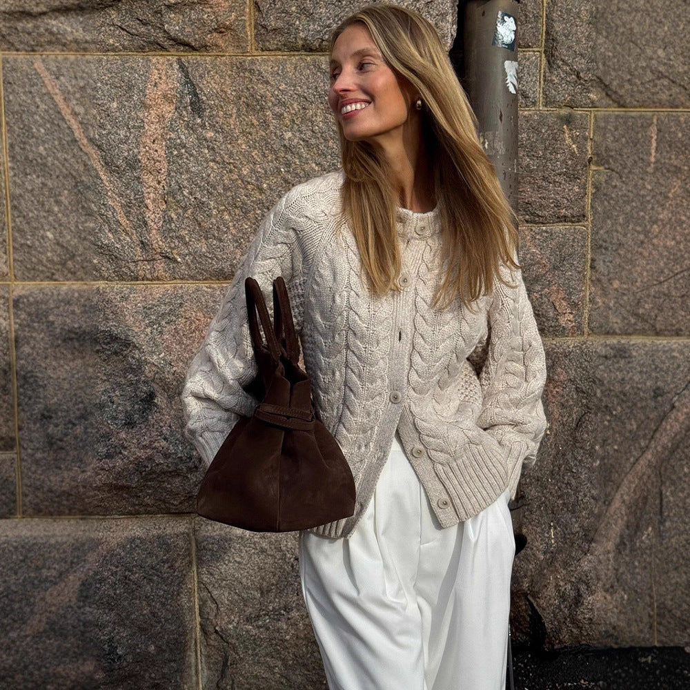 Women Chunky Knit Cable Pattern Cardigan with Balloon Sleeves Amarae
