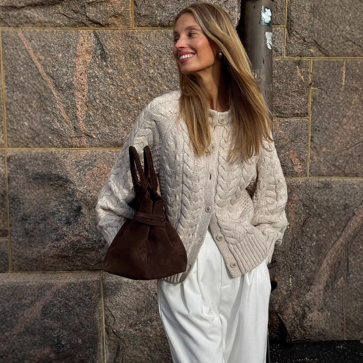 Women Chunky Knit Cable Pattern Cardigan with Balloon Sleeves Amarae