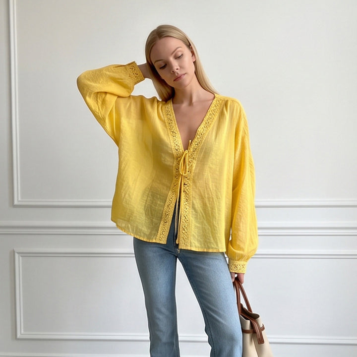 Women's Light V-Neck Lace Blouse with Tie, Pearl Detail & Volume Sleeves Amarae