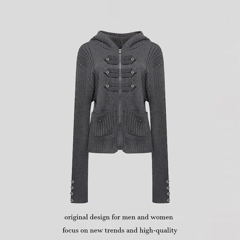 Women's ribbed hooded cardigan with zipper, decorative button placket and patch pockets Amarae