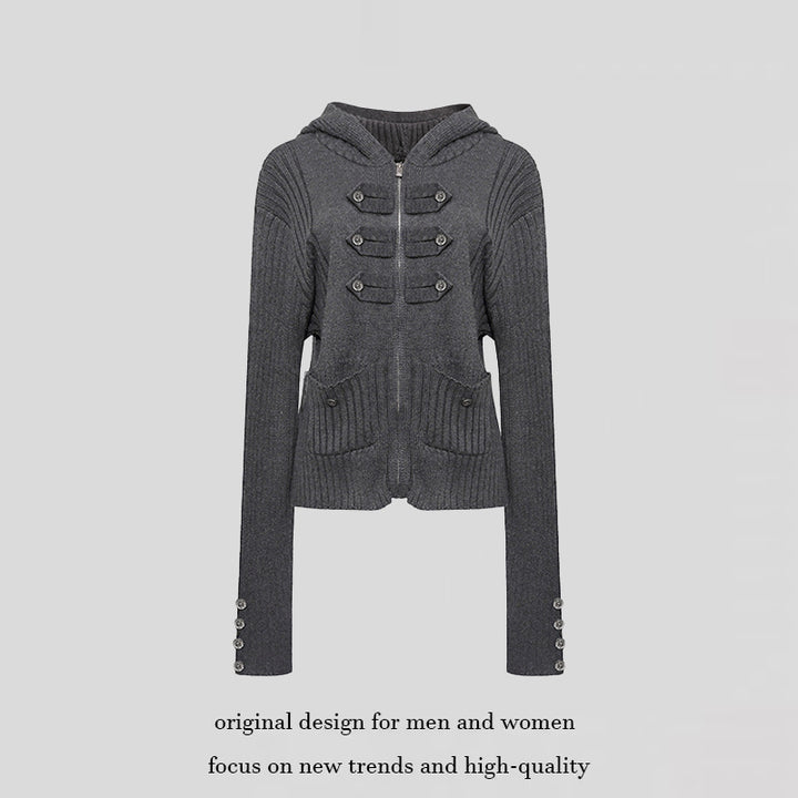 Women's ribbed hooded cardigan with zipper, decorative button placket and patch pockets Amarae