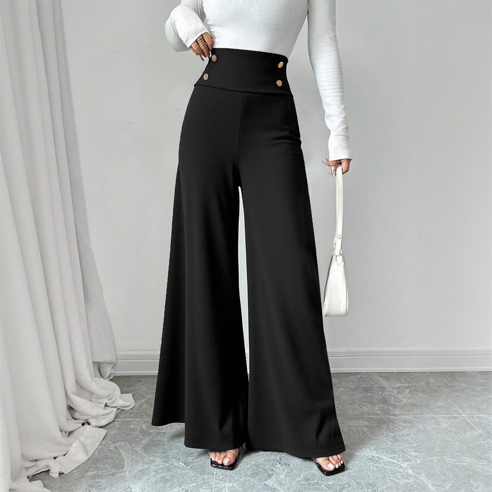 Pantalons Palazzo larges pour femmes avec taille haute et détails de bouton décoratif Chic & Stil