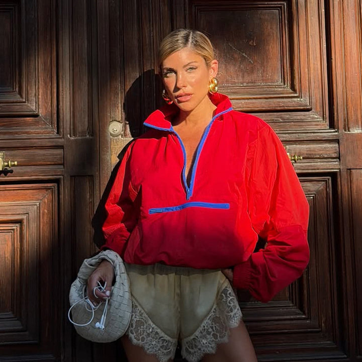 Women’s Short Cut Two-Tone Half Zip Utility Jacket with Elastic Hem and Zipper Pocket Amarae
